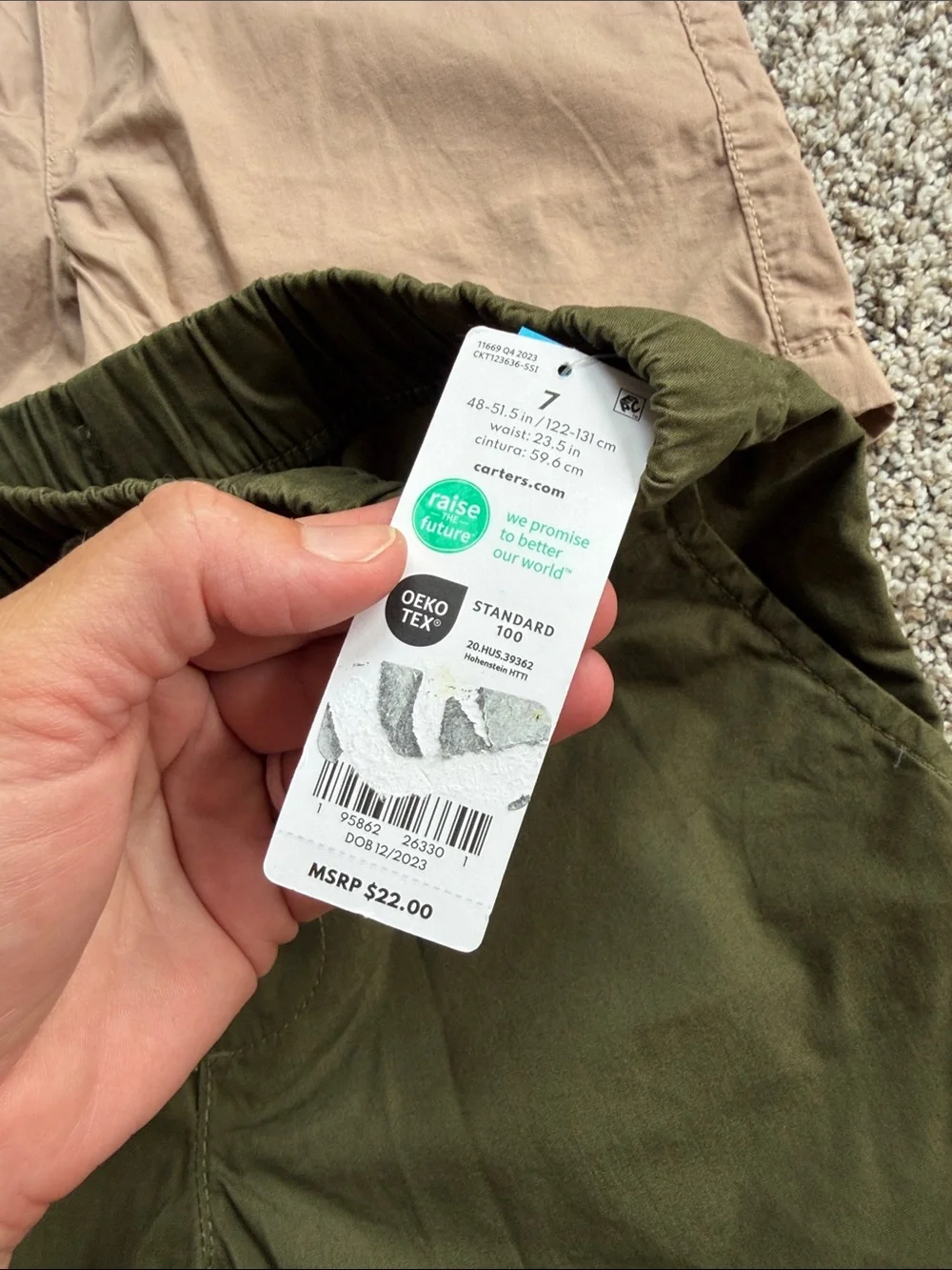 2 - NWT - Carters Elastic-Waist Drawstring Shorts in Olive Green and Light Beige